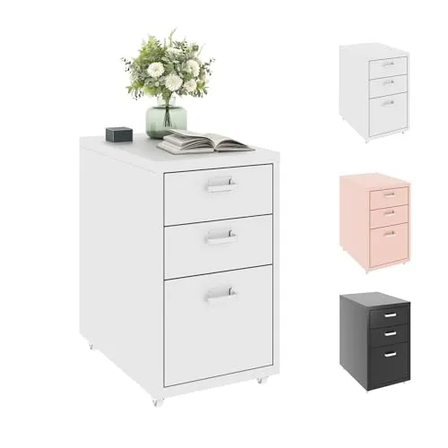 FLEXISPOT Rollcontainer Büroschrank mit 3 Schubladen, Aktenschrank Metallschrank Kommode mit Rädern, Schreibtisch Unterschrank für Zuhause und Büro (Weiß)