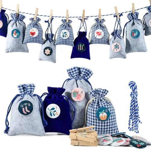 Adventskalender Stoffsäckchen zum Befüllen, Weihnachtskalender Filzsäckchen zum