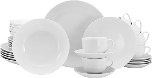 CreaTable Kombiservice 30-tlg. Luna Weiss - Kombiservice für 6 Personen, langlebiges Porzellan in eleganter Coupeform, ideal für festliche Anlässe und den täglichen Gebrauch, spülmaschinen- und mikrowellengeeignet.