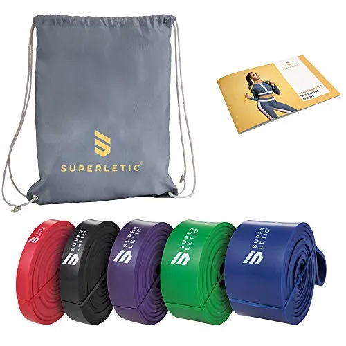 SUPERLETIC Powerbands - 5er Set Widerstands-Fitness-Bänder mit Workout-Guide - Widerstandsbänder in 5 Stärken für individuelles Training, inklusive Workout-Guide mit 10 effektiven Übungen und einem praktischen Turnbeutel für einfachen Transport.