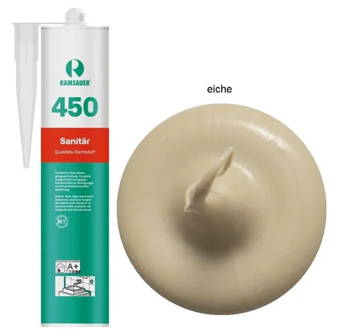 Ramsauer Dichtstoff Ramsauer 450 Sanitär 1K Silikon Dichtstoff 310ml Kartusche eiche, gebrauchsfertig, chemisch widerstandsfähig, schnellhärtend, UV-beständig, pilzhemmend
