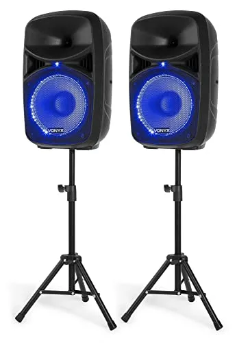 VONYX VPS102A - Partyboxen Set mit Stativen, 600 Watt Leistung, Bluetooth, LED Lichter und Mikrofon für unvergessliche Partys und Karaoke Nächte