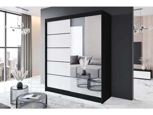 Easy4You P3 Schiebetüren Kleiderschrank 180 cm Schwarz/Weiß mit Spiegel - Kleiderschrank mit Spiegel 180x215x58 cm, ideal für jedes Zimmer. Ausgestattet mit 5 Einlegeböden und einer Kleiderstange für optimale Aufbewahrung.