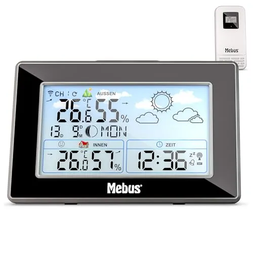 MEBUS 40917 - Funk Wetterstation - Wetterstation mit Innen- und Außenthermometer, zeigt Temperatur und Luftfeuchtigkeit an. Automatische Funkuhr, Wettervorhersage und Mondphasenanzeige machen sie zum idealen Begleiter für Wetterfans.