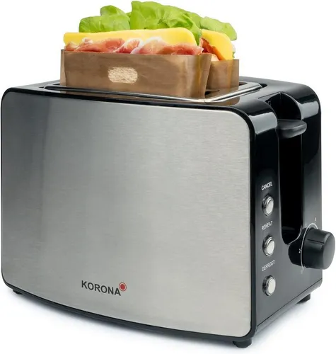 Korona Toaster inklusive 2 Sandwich-Taschen - Silber - Toaster mit 4 wiederverwendbaren Toasttaschen, stufenlos einstellbarem Bräunungsgrad und hochwertigem Edelstahlgehäuse, perfekt für große American Sandwichscheiben.