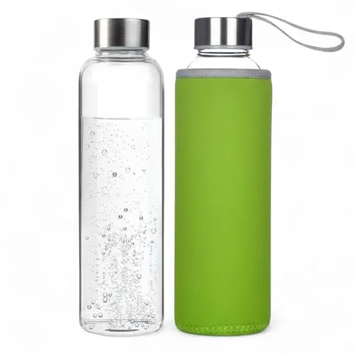 Trinkflasche aus Glas 550ml (Grün) Auslaufsichere Glasflasche aus Borosilikatglas, BPA-frei, kohlensäuregeeignet & spülmaschinenfest, mit Schutzhülle, für heiße & kalte Getränke, Edelstahl Deckel