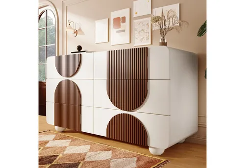 Odikalo Kommode Sideboard mit 6 Schubladen (mit 6 Schubladen & geschwungenem Design, Elegantes Sideboard in Weiß mit schokoladenfarbenen Holzleisten, Leise Schiebe-Schubladen & Kippsicherung, 121x71x41 cm (B/H/T)
