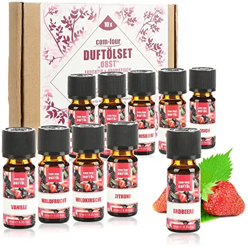 com-four® 10x duftende Öle im Set - Raumduft Obst - Duftöl für Aroma-Diffusoren, Lufterfrischer, Wasser-Verdampfer, Luft-Befeuchter (10er Mix Obst)