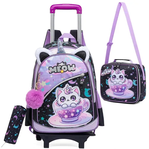Schulranzen Trolley Set Mädchen Schwarz Lila Katzen
