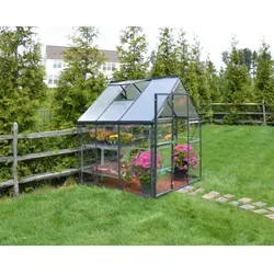Palram - Canopia Gewächshaus Grau 3,4 m² mit Fundamentrahmen - Garten-Zubehör: Freistehendes Gewächshaus mit 3,4 m² für optimale Wachstumsbedingungen, UV-beständige Polycarbonatplatten für Wärmeisolierung und einfache Installation.