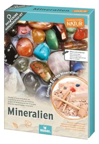 Moses. Expedition Natur Das große Mineralien-Ausgrabungs-Set, Gipsblock mit 5 echten Mineralien, Ausgrabungsset inklusive Ausgrabungswerkzeug, Lupe, Aufbewahrungsbeutel und Kette mit Anhänger
