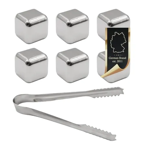 INTIRILIFE Whisky Steine Set in Silber mit Edelstahl Zange -Je 2.5 x 2.5 cm- 6 Stück Wiederverwendbare Edelstahl Eiswürfel mit Aufbewahrungsbox- Whiskey Geschenke für Männer- Kühlsteine Kühlwürfel