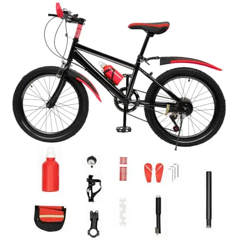 Guoked 20 Zoll Kinderfahrrad Mountainbike, Kohlenstoffstahl Fahrrad Tragfähigkeit 75KG Rot 7 Gang Höhenverstellbar mit Trinkflasche Aufbewahrungstasche Fahrrad Kinder Ab 8 Jahre Jungen Mädchen