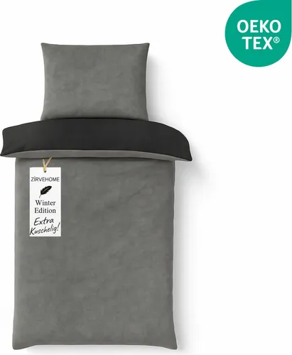 Winter Bettwäsche 135x200 cm. 4 teilig Cashmere Touch Fleece Kuschelig, Warm Grau-Schwarz