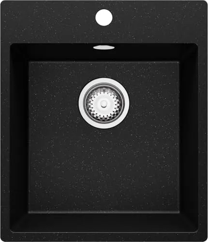 PRIMAGRAN Spülbecken Schwarz Metallic 43x50cm, Granitspüle 1 Becken + Ablauf-Set, Küchenspüle ab 45er Unterschrank - Riga S073
