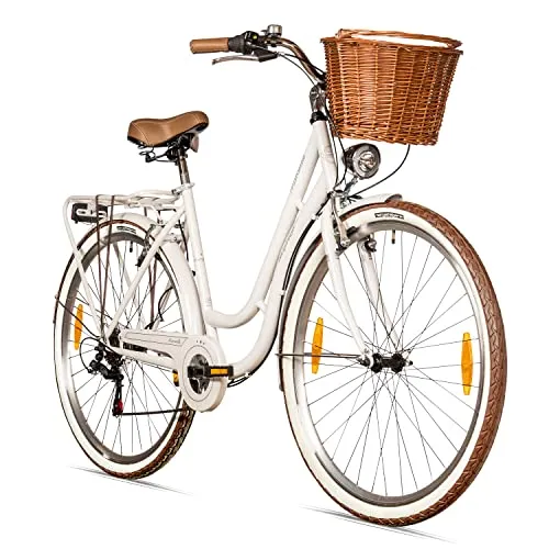 Bergsteiger Marseille 26 Zoll Damenfahrrad - Retro-Design mit Rattan-Korb - Fahrrad 26 Zoll - Modisches Damen-Citybike mit 6 Gang-Schaltung, dynamobetriebenem Licht und hochwertigem Retro-Design, ideal für stilbewusste Fahrerinnen.