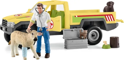 Schleich 42503 - Tierarztbesuch auf dem Bauernhof - Schleich Tierfiguren Farm World, spannende Tierarztgeschichte mit Pick-Up, Kälbchen und Labrador, ideal für kreative Rollenspiele und das Fördern der Fantasie.