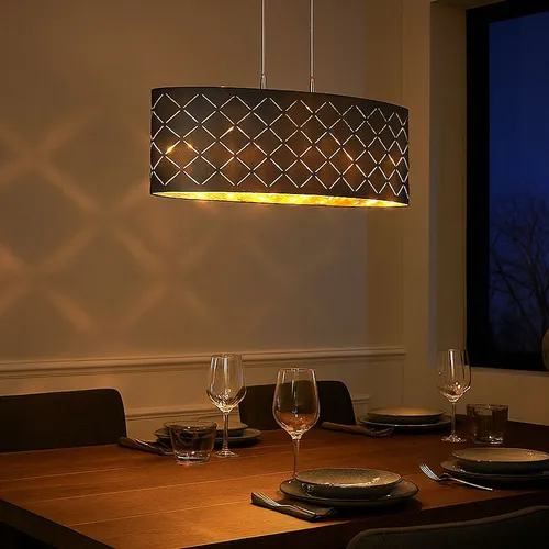 Moderne Deckenleuchte Hängelampe schwarz-gold, 3-flammig - Lampen: Elegante Hängelampe mit Dekorstanzungen und goldener Innenfarbe, ideal für gemütliche Wohnzimmeratmosphäre. Leuchtmittel inklusive!