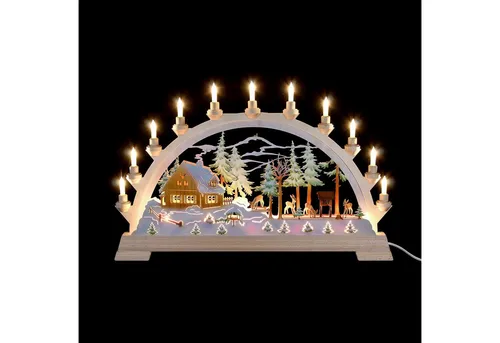 Kunstgewebe Taulin Schwibbogen Forsthaus mit Figuren (65x40cm) - Schwibbögen mit kunstvoll geschnitzten Figuren und farbigem Hintergrund, perfekt für eine festliche Atmosphäre in Ihrem Zuhause.