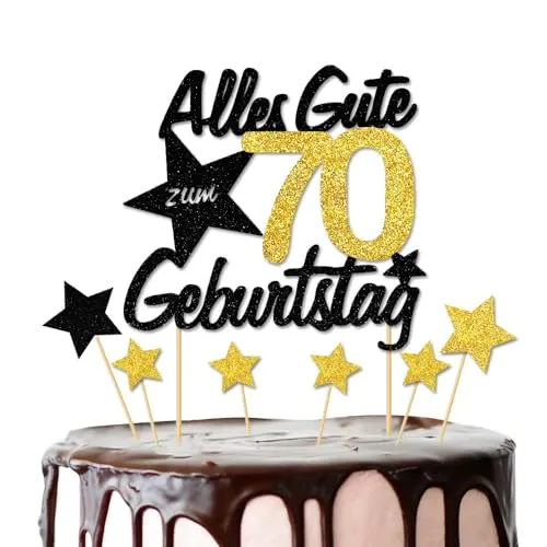 Torten Deko 70 Jahre – Alles Gute zum 70. – Happy 70th Birthday Cake Topper – Kuchendeko Gold Schwarz für Mädchen & Jungen – Deko für 70. Feier