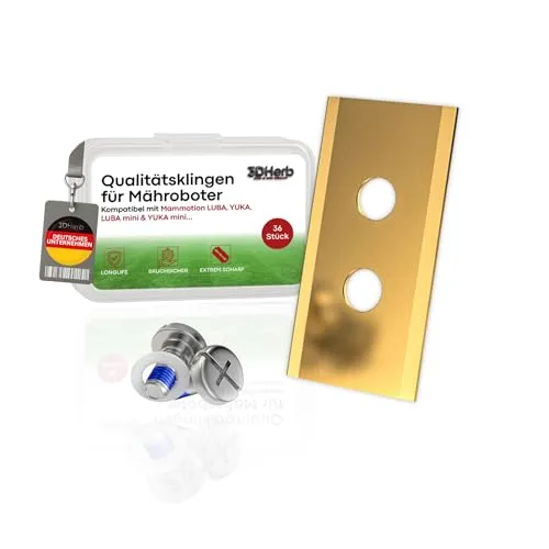 3DHerb® 36 x Hochwertige Ersatzmesser kompatibel mit Mammotion LUBA, LUBA 2, YUKA, LUBA Mini & YUKA Mini - 0,9 mm Blattstärke für langes Rasenmäher Vergnügen - Titan Klingen - Schrauben mit Sicherung