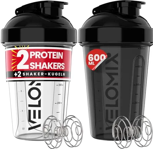 VELOMIX 2 Pack 600ml Shaker Proteinshake, Schwarz/Transparent | 2x Edelstahlkugel, Auslaufsicherer Eiweiß Shaker Becher für Protein Shaker, Spülmaschinenfest, Gym und Fitness