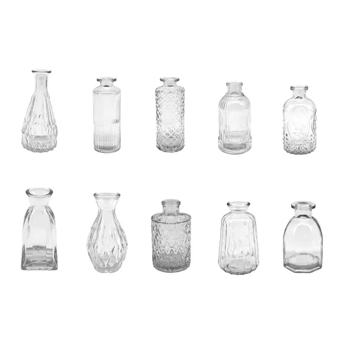 10er Set Glasvasen - Dekovasen für jeden Raum - Stilvolles 10er Set aus Glasvasen im Vintage-Design, ideal für die Tischdekoration. Maße: 6,5 cm Breite, 14,5 cm Höhe. Perfekt für Wohnzimmer, Küche und mehr.