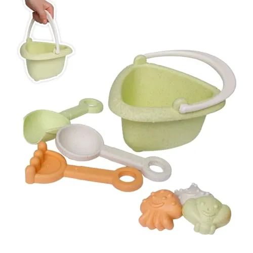 alldoro 60175 Mini Sandspielzeug Set 7-teilig, ab 18 Monaten, Kleiner Eimer mit Förmchen, Schaufeln & Rechen, aus eco Weizenstroh-Kunststoff