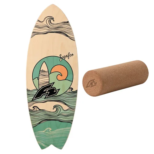 F2 Set Balance Board Surfer 76x28cm mit Korkrolle - Balanceboards für effektives Training – Ideal für Gleichgewicht, Kraft und Stabilität, mit rutschfester Oberfläche und einer Belastbarkeit von bis zu 120 kg. Inklusive Korkrolle für intensivere Übungen.