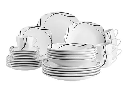 Mäser Kombiservice Decora 30-teilig, Schwarz & Weiß - Lebensmittelechtes Geschirr-Set aus Keramik mit 30 Teilen, ideal für stilvolle Tischdekoration und vielseitigen Einsatz beim Essen & Trinken.