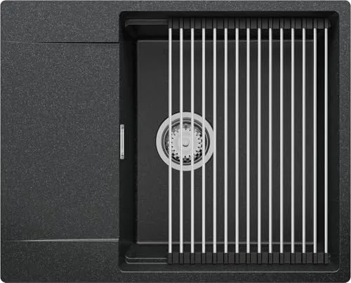 PRIMAGRAN Spülbecken Anthrazit 62x50cm, Granitspüle 1 Becken + Ablauf-Set + Aufrollbare Abtropffläche, Küchenspüle ab 50er Unterschrank - San Francisco S069