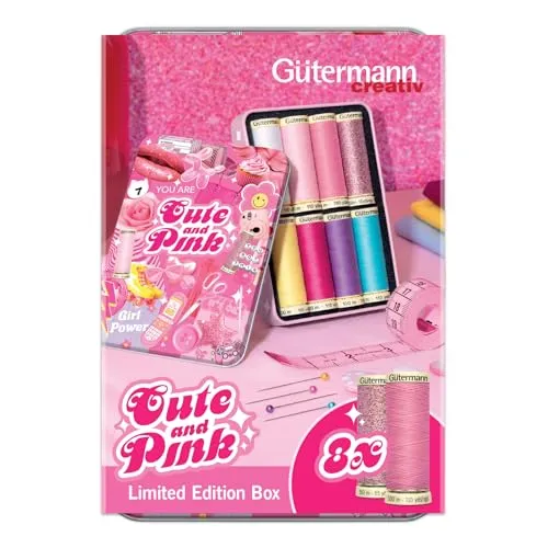 Gütermann Nähfadenbox Cute and Pink 8-tlg. - 7 Spulen Allesnäher und 1 Spule Metalleffekt-Faden, für starke Nähte und funkelnde Effekte