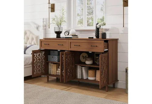 OKWISH Sideboard Schrank Anrichte mit 4 Türen und 2 Schubladen - Stilvolles Sideboard im Vintage-Look mit dekorativen, geschnitzten Türen. Bietet großzügigen Stauraum und eine pflegeleichte Melamin-Oberfläche – ideal für Wohnzimmer, Essbereich oder Flur.
