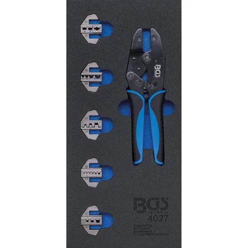 BGS 4027 Crimpzangen-Satz mit 5 Paar Pressbacken - Crimpzangen-Set für präzises Arbeiten, inklusive 5 Pressprofileinsätze für verschiedene Kabeltypen und -größen, ideal für Werkstätten und Heimwerker.