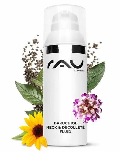 RAU Cosmetics Bakuchiol Neck & Dékolleté Fluid - straffende Anti Aging Pflege - Bodylotion mit Bakuchiol und Hyaluronsäure, spendet Feuchtigkeit und fördert die Kollagensynthese für straffe, glatte Haut am Hals und Dekolleté.
