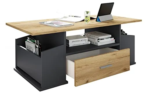 VCM Holz Couchtisch mit Stauraum - Junata Anthrazit/Honig-Eiche - Konsolentische fürs Wohnzimmer mit praktischer Schublade und großzügigen Seitenfächern für optimalen Stauraum.