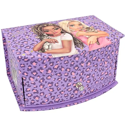 Depesche 12281 TOPModel Lilac Love-Schmuckkästchen in Lila, mit Leo-Muster, Model-Motiv und Glitzersteinen, Schmuckbox mit Spiegel und Klappdeckel, Mehrfarbig