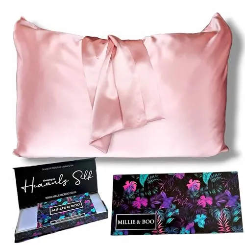 Millie & Boo Seidenkissenbezug, 22 Momme Bio-Seide, Kissenbezüge für Haar und Haut, 50 x 75 cm, mit Reißverschluss und Geschenkbox, Luxus-Kissenbezug für Damen, Güteklasse 6A, Rosa