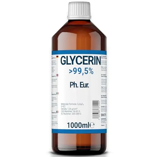 Glycerin 1000ml in Pharmaqualität | >99,5% Rein pflanzlich - Körperöle - Hochreines Glycerin (E422) aus pflanzlichen Quellen, ideal für Kosmetik, Reinigungsmittel und mehr. Hergestellt in Deutschland und geprüft auf höchste Qualität.