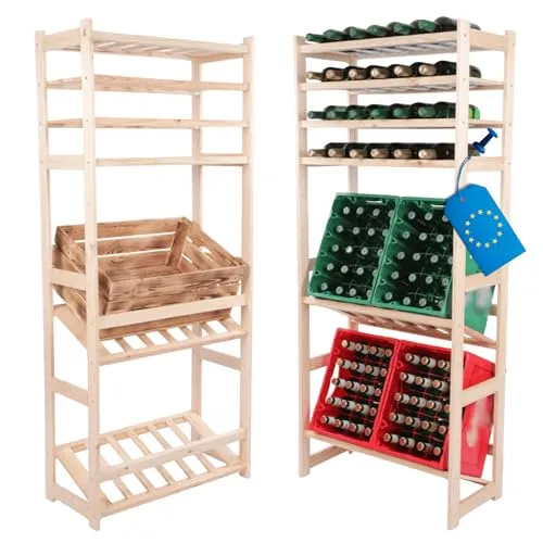 MODO24 Kombiregal Holz 162,6x70x33cm – Flexibles Standregal aus Kiefernholz mit Flaschenablagen - Vielseitiges Regalsystem aus massivem Kiefernholz, ideal für die individuelle Gestaltung Ihrer Aufbewahrung. Robuste Stabilität und erweiterbar für optimale Anpassung an Ihre Bedürfnisse.