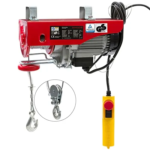 Arebos Elektrische Seilwinde AR-HE-SW300 - Seilwinde für schwere Lasten bis 600 kg, ideal für Werkstätten und Garagen. Mit kabelgebundener Fernbedienung und automatischer Bremsfunktion für maximale Sicherheit.
