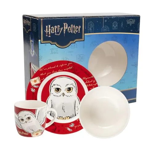 United Labels® Frühstücks-Geschirrset Harry Potter - Hedwig Eule, 3-teilig - Geschirr-Frühstücksset für Harry Potter-Fans, 3-teilig aus hochwertigem Porzellan mit Tasse, Teller und Müslischale – ideal für ein magisches Frühstückserlebnis!