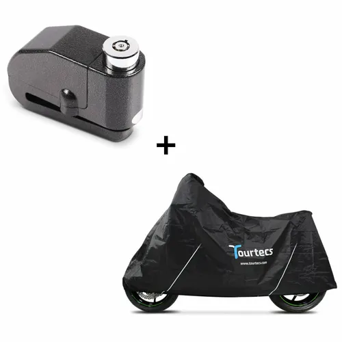 Tourtecs Sitzbank Set mit Abdeckplane und Bremsscheibenschloss S1 - Praktisches Set für Motorradliebhaber: Wasserdichte Abdeckplane und kompaktes Bremsscheibenschloss mit 110dB Alarm für optimalen Diebstahlschutz. Ideal für Roller und Bikes.