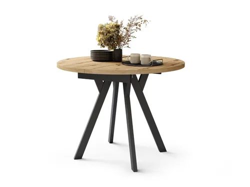 Runder Esstisch Aldo Eiche Artisan/Schwarz matt ausziehbar 90-145 cm - Wohnzimmertisch mit flexiblem Ausziehmechanismus für bis zu 6 Personen – ideal für gemütliche Abendessen oder große Familienfeiern.