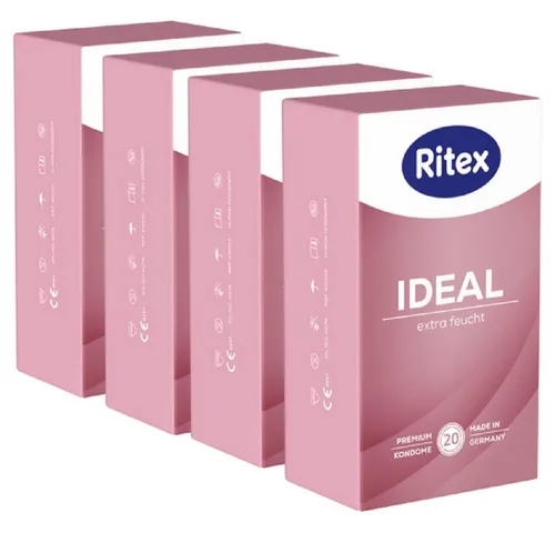 Ritex Kondome Ideal - Extra Feucht 4 Packungen mit je 20 Kondomen, insgesamt, 80 St., extra feuchte Kondome mit 50% mehr Gleitmittel