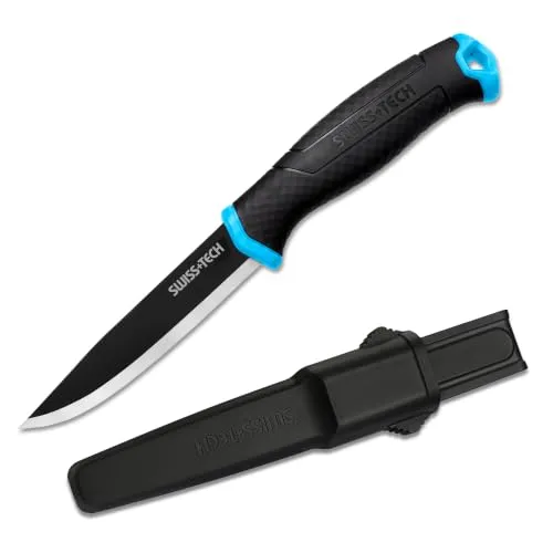 Swiss+Tech Outdoor Messer, Jagdmesser Feststehende Klinge mit Scheide | 7Cr17 Edelstahl, Rutschfesten Griff, Gesamtlänge 22 cm, Klingenlänge 10,5 cm, Bushcraft Messer für Camping Wandern Abenteuer