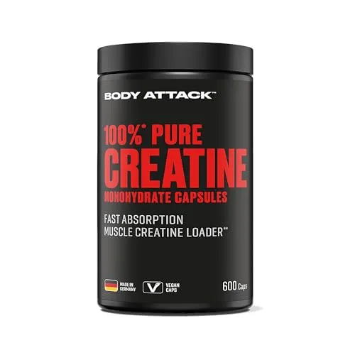 Body Attack Creatin Monohydrat 600 Kapseln - Hochdosierte Kreatin Kapseln für optimale Leistung - Aminosäure Kreatin, mikrofeines Kreatin Monohydrat für schnelle Energie und verbesserte Leistungsfähigkeit im Training.