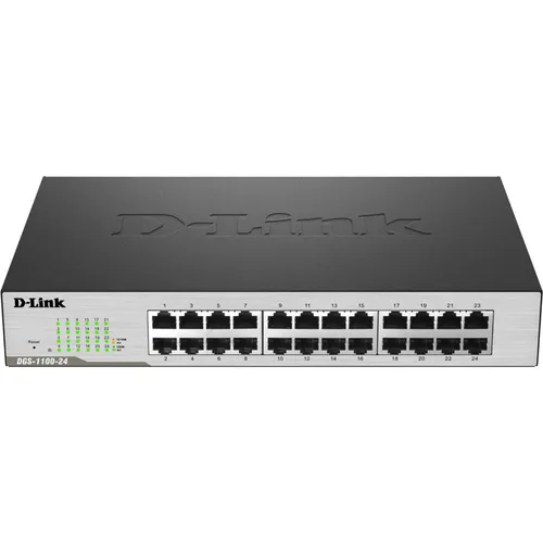 D-Link DGS-1100-24V2 Smart Managed Switch - 24-Port Gigabit Ethernet mit lüfterlosem Design für leisen Betrieb und hohe Übertragungsraten, ideal für Büros und Netzwerkinfrastrukturen.