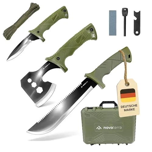 Dönges Survival Set 7-teilig - Umfassendes Bushcraft-Outdoor-Set mit Axt, Messer und Machete, inklusive Feuerstarter und Zubehör - ideal für Camping und Notfälle.
