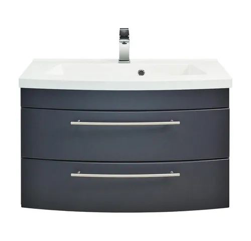 Lomadox Waschtisch LUINO-02, 80cm anthrazit - Eleganter Badezimmer Waschplatz mit runder Front in edlem anthrazit. Geräumiger Schrank mit Softclose-Auszügen und hochwertigem Mineralguss-Waschbecken für modernen Komfort.